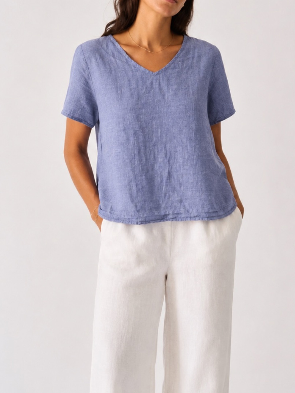 Flax Heathered Blue V-neck 100% Linen Relaxed Tee